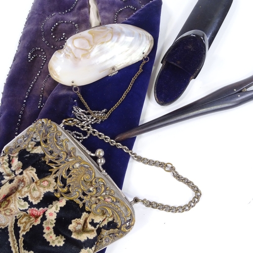 163 - A velvet purse with cut steel beaded decoration, a mother-of-pearl inlaid spectacle case, a mother-o... 