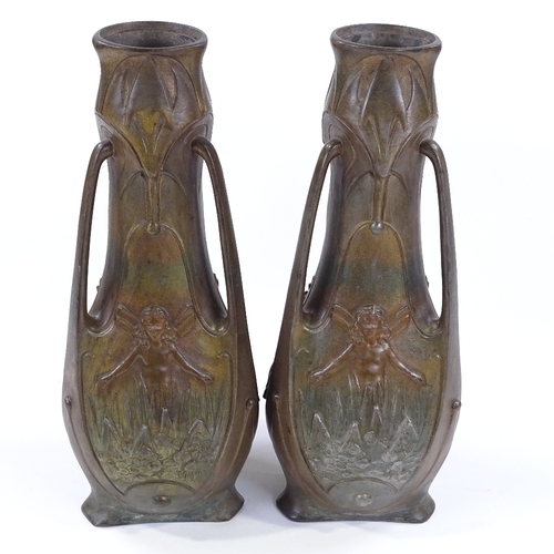 172 - A pair of Art Nouveau gilded and patinated spelter vases, circa 1900, by J Garnier, with relief drag... 