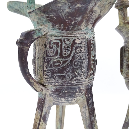 193 - 3 Chinese verdigris bronze Archaic style lamp stands, height 19cm