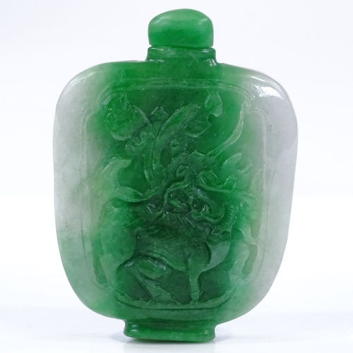 198 - A Chinese relief carved jade snuff bottle and stopper, height 7cm