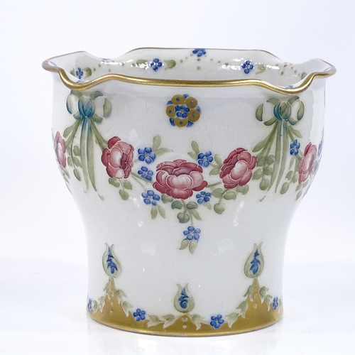 26 - A Macintyre Moorcroft planter with trailing rose design and gilded edge, height 17cm, diameter 20cm