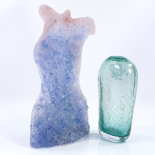 36 - Patrick Stern, blue Studio glass torso sculpture, height 29cm, and a green crackle glaze vase, heigh... 