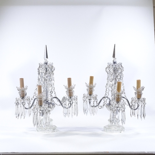 58 - A pair of cut-glass 3-branch mantel light fittings, with cut-glass lustre drops, height 48cm