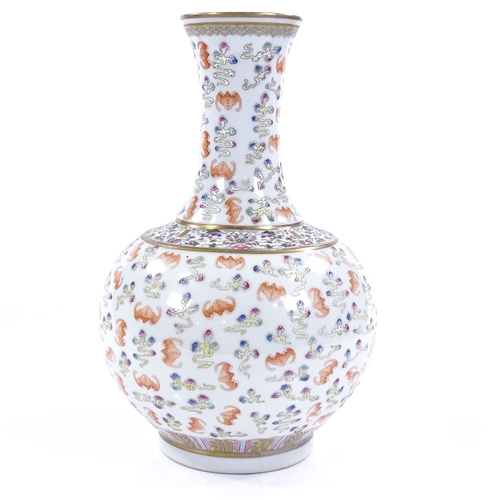 67 - A Chinese white glaze porcelain narrow-necked vase, with painted and enamelled bat designs, seal mar... 