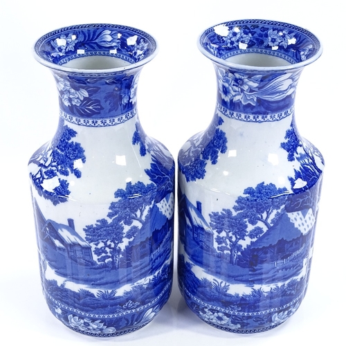 71 - A pair of Wedgwood Pottery Fallow Deer pattern blue and white vases, height 30cm