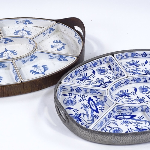 76 - 2 early 20th century hors d'oeuvres trays, with blue and white transfer ceramic liners