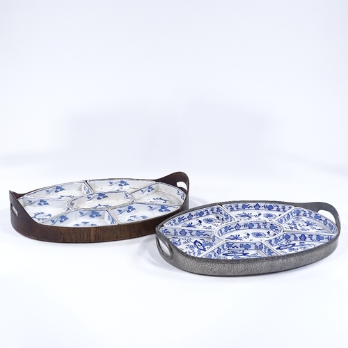 76 - 2 early 20th century hors d'oeuvres trays, with blue and white transfer ceramic liners