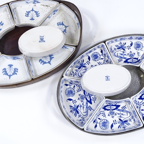 76 - 2 early 20th century hors d'oeuvres trays, with blue and white transfer ceramic liners