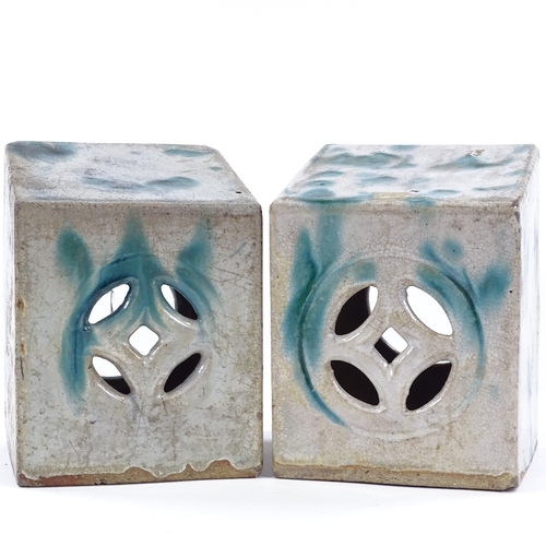 81 - A pair of unusual Chinese turquoise glaze pottery pot pourri bricks, height 19cm, width 13cm