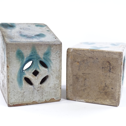 81 - A pair of unusual Chinese turquoise glaze pottery pot pourri bricks, height 19cm, width 13cm