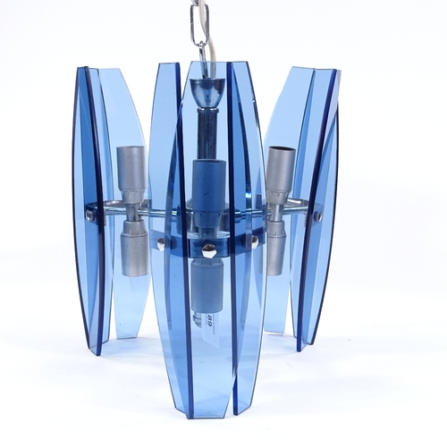 89 - A Murano retro blue glass and stainless steel 3-branch hanging light fitting, glass panel height 28c... 