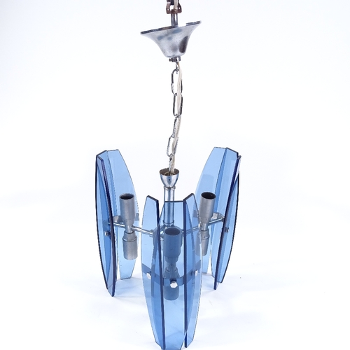 89 - A Murano retro blue glass and stainless steel 3-branch hanging light fitting, glass panel height 28c... 