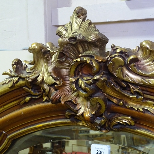 230 - A large 19th century French 2-tone gilt-gesso framed wall mirror, with acanthus pediment, and relief... 