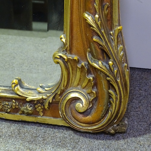 230 - A large 19th century French 2-tone gilt-gesso framed wall mirror, with acanthus pediment, and relief... 