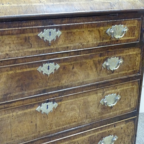 232 - A fine 18th century walnut bureau, with elaborate stepped and drawer fitted interior, 4 long feather... 