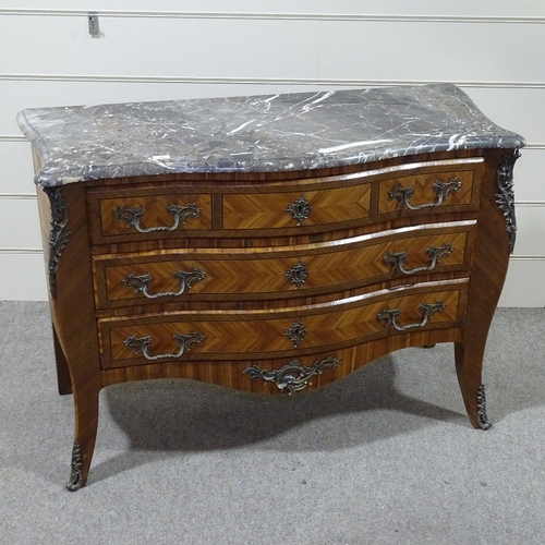 233 - A French kingwood bombe commode, early 20th century, with shaped marble top, 3 long drawers with cas... 