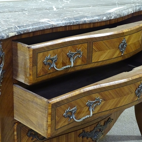 233 - A French kingwood bombe commode, early 20th century, with shaped marble top, 3 long drawers with cas... 