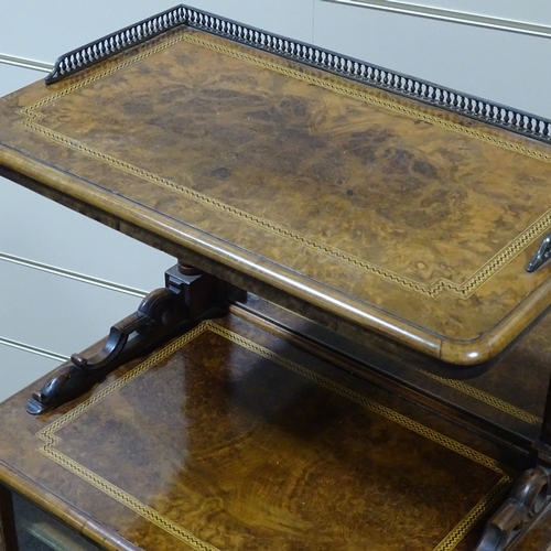 242 - A Victorian walnut and parquetry-banded music cabinet, with brass galleried top and glazed cupboards... 