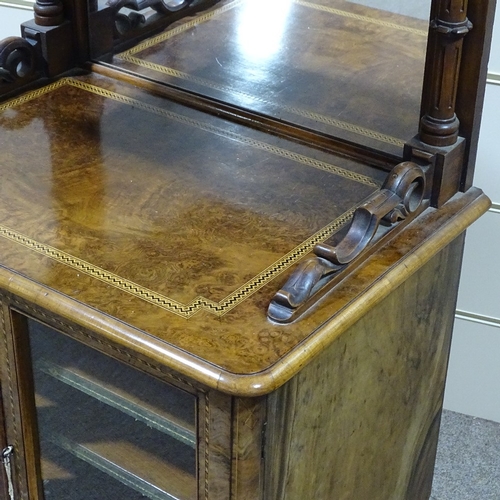 242 - A Victorian walnut and parquetry-banded music cabinet, with brass galleried top and glazed cupboards... 