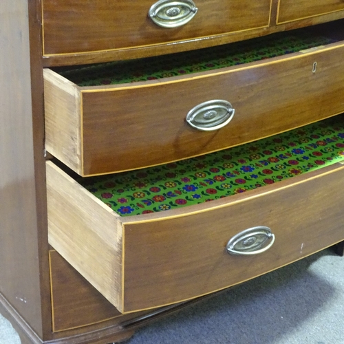 250 - A George III mahogany bow-front chest of 3 long and 2 short drawers, with cross-banded top and brack... 