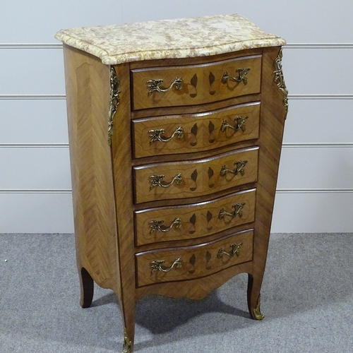 260 - A French kingwood and marquetry inlaid serpentine-front chest of 5 drawers, with shaped marble top, ... 