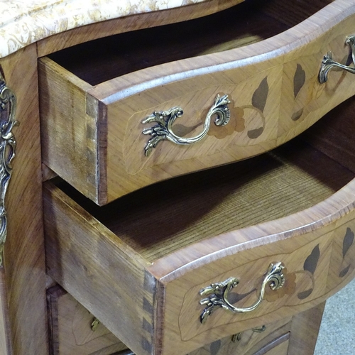 260 - A French kingwood and marquetry inlaid serpentine-front chest of 5 drawers, with shaped marble top, ... 