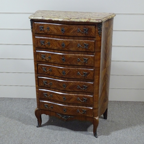 263 - A French kingwood serpentine-front chest of 7 drawers, with shaped marble top, and ormolu mouldings ... 