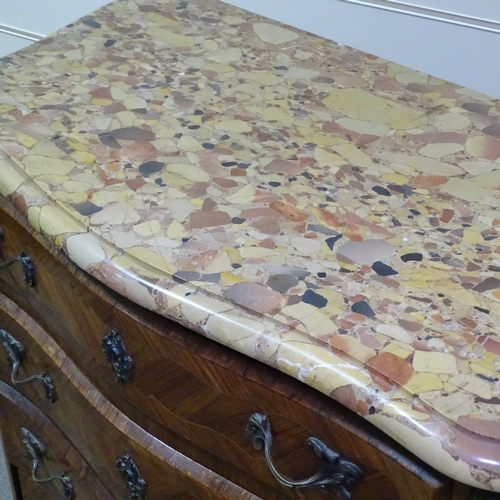 263 - A French kingwood serpentine-front chest of 7 drawers, with shaped marble top, and ormolu mouldings ... 