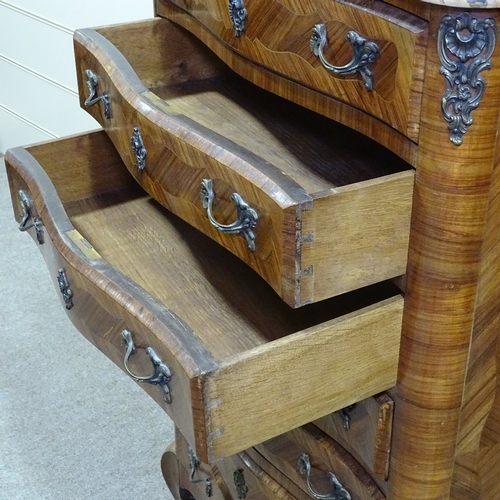 263 - A French kingwood serpentine-front chest of 7 drawers, with shaped marble top, and ormolu mouldings ... 