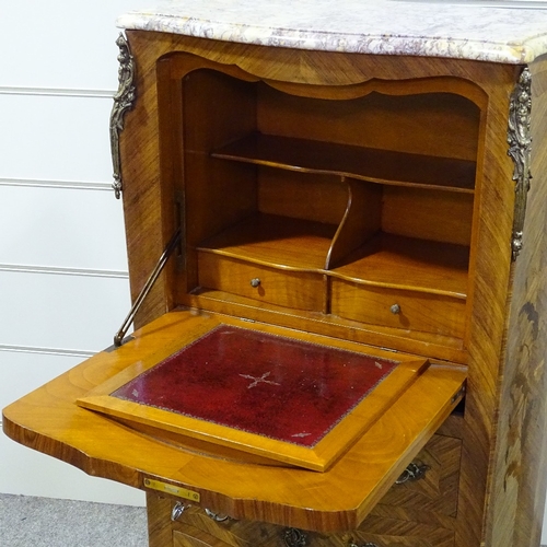 265 - A French kingwood and marquetry inlaid serpentine-front escritoire, with fall-front, 3 drawers below... 