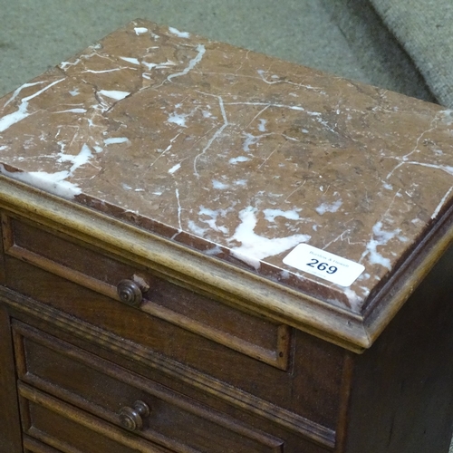 269 - A small 19th century oak table-top jewel chest of drawers, with marble top, width 12