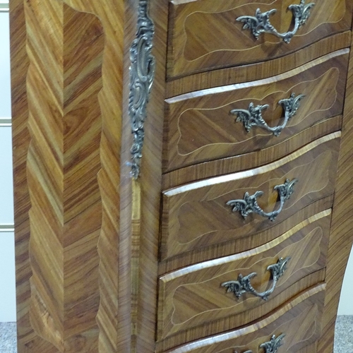 271 - A French narrow kingwood bombe chest of 5 drawers, with shaped marble top, width 18