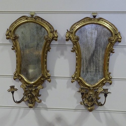 273 - A pair of Italian carved giltwood-framed girandole wall mirrors, with candle brackets, height 22