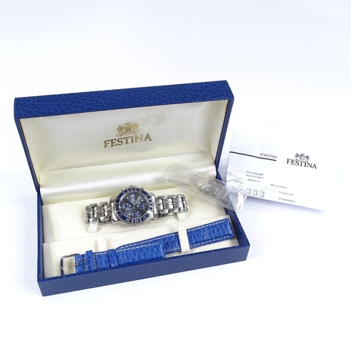 306 - FESTINA - a stainless steel Chronograph 50M quartz wristwatch, with blue dial and bezel, 3 subsidiar... 