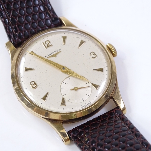 307 - LONGINES - a 9ct gold wristwatch, circa 1960s, 17 jewel mechanical movement, with quarterly Arabic n... 