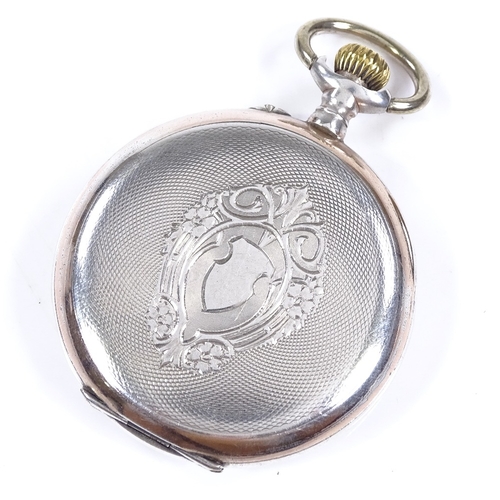 314 - A Continental silver-cased open-face top-wind pocket watch, white enamel dial with painted Deco Arab... 