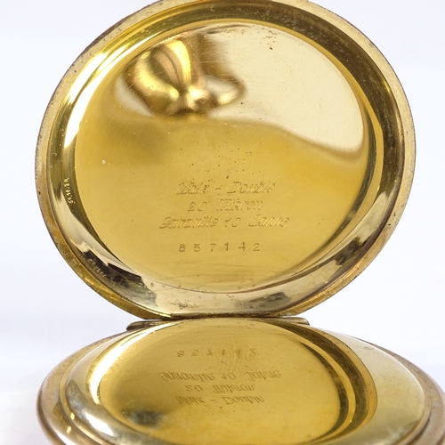 319 - An Art Deco gold plated full hunter side-wind pocket watch, with champagne dial, Deco Arabic numeral... 