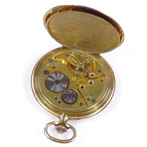 319 - An Art Deco gold plated full hunter side-wind pocket watch, with champagne dial, Deco Arabic numeral... 