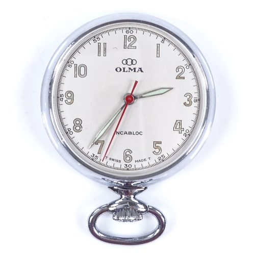 327 - A chrome-cased Olma Incabloc nurse's fob watch, with Arabic numerals and luminous hands, case width ... 