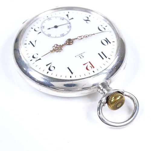 328 - OMEGA - a Continental silver-cased open-face top-wind pocket watch, Deco Arabic numerals with subsid... 