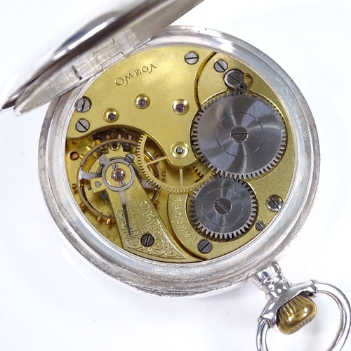 328 - OMEGA - a Continental silver-cased open-face top-wind pocket watch, Deco Arabic numerals with subsid... 