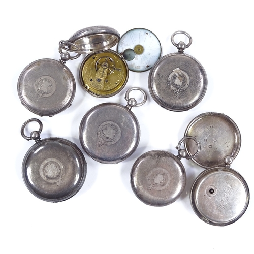 331 - 7 silver-cased open-face pocket watches, largest case width 52mm