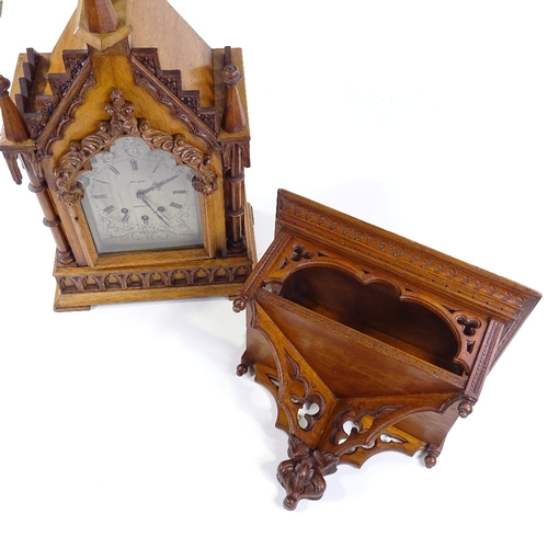 333 - A Victorian Gothic light oak-cased bracket clock, with elaborately carved architectural case with co... 