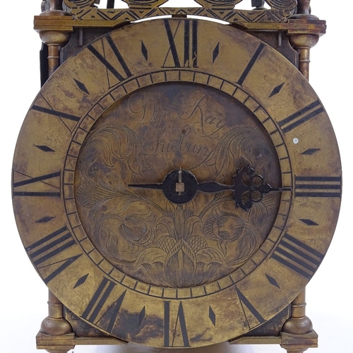 334 - A brass-cased lantern clock, probably mid 20th century, dial inscribed Daniel Ray of Sudbury, brass ... 