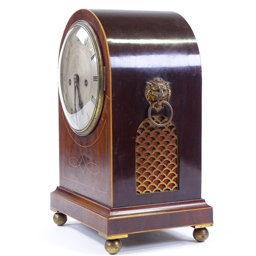 335 - A mahogany dome-top mantel clock, circa 1900, with inlaid boxwood stringing, engraved silvered dial ... 