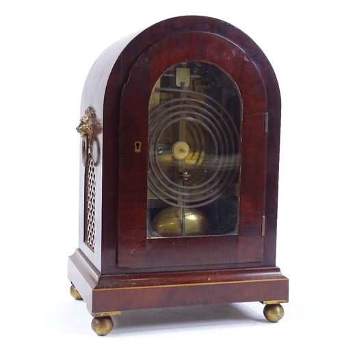 335 - A mahogany dome-top mantel clock, circa 1900, with inlaid boxwood stringing, engraved silvered dial ... 