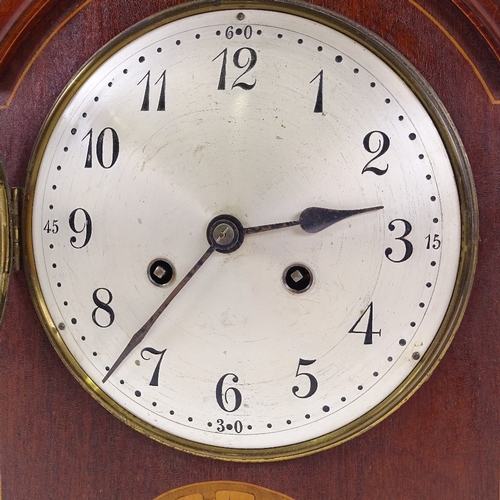 336 - A mahogany dome-top mantel clock, circa 1900, with inlaid marquetry and stringing, engraved silvered... 