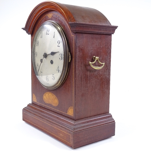 336 - A mahogany dome-top mantel clock, circa 1900, with inlaid marquetry and stringing, engraved silvered... 