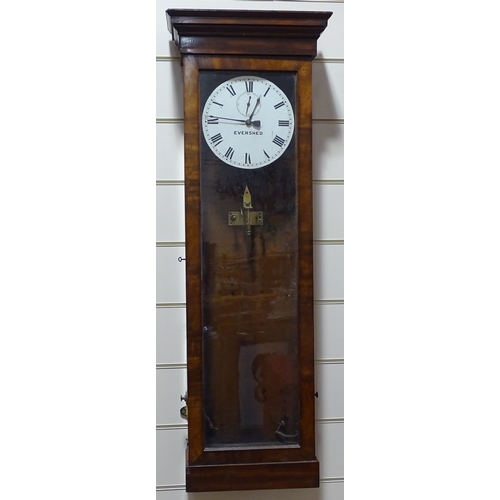 339 - An Evershed mahogany-cased electric powered wall clock, with 28cm enamelled dial, case height 144cm