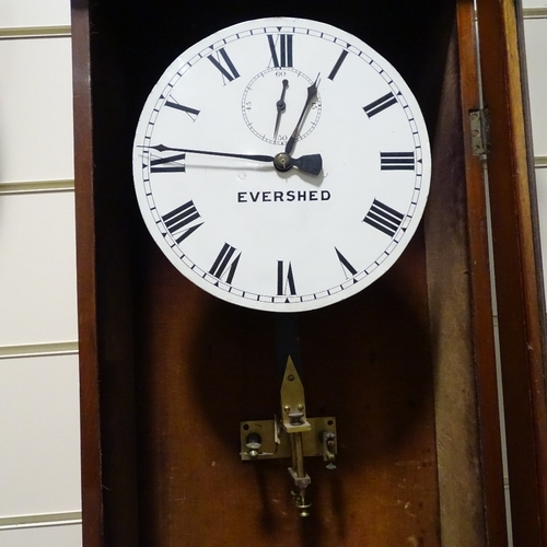 339 - An Evershed mahogany-cased electric powered wall clock, with 28cm enamelled dial, case height 144cm